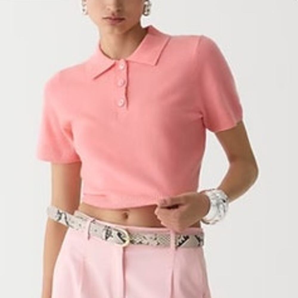 J.Crew Cashmere Cropped Sweater Polo Women M Coral Pink Short Sleeve
